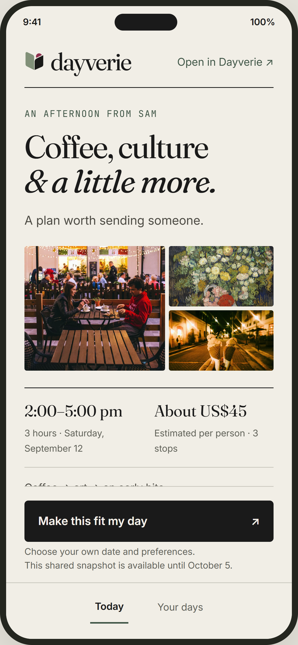 Dayverie design preview: A plan to share. Illustrative sample content and photography.